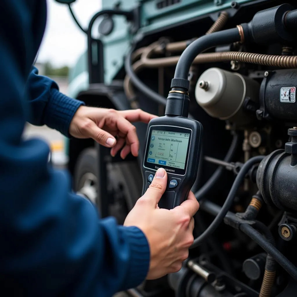 Mechanic inspecting truck engine