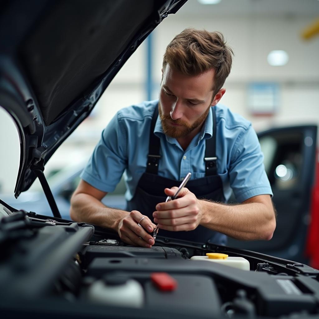 Mechanic inspecting a used car before purchase