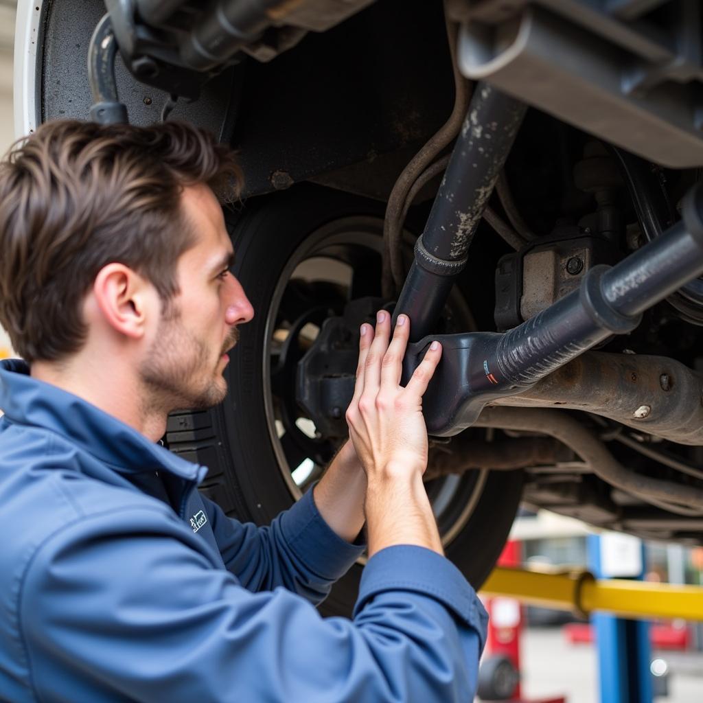 Mechanic Inspecting a Used Car: A mechanic thoroughly inspecting a used car's undercarriage for any signs of damage or rust.