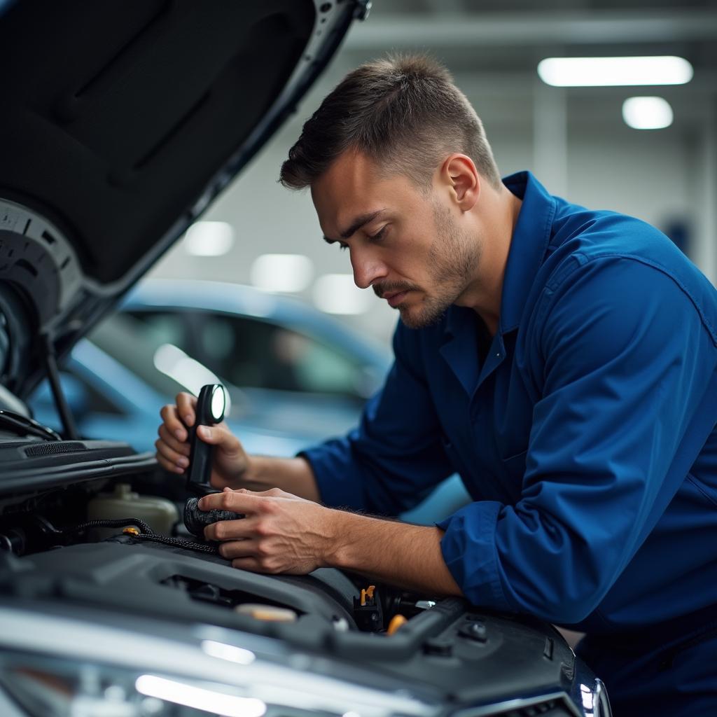 Mechanic inspecting a used car engine at an a-1 auto sales