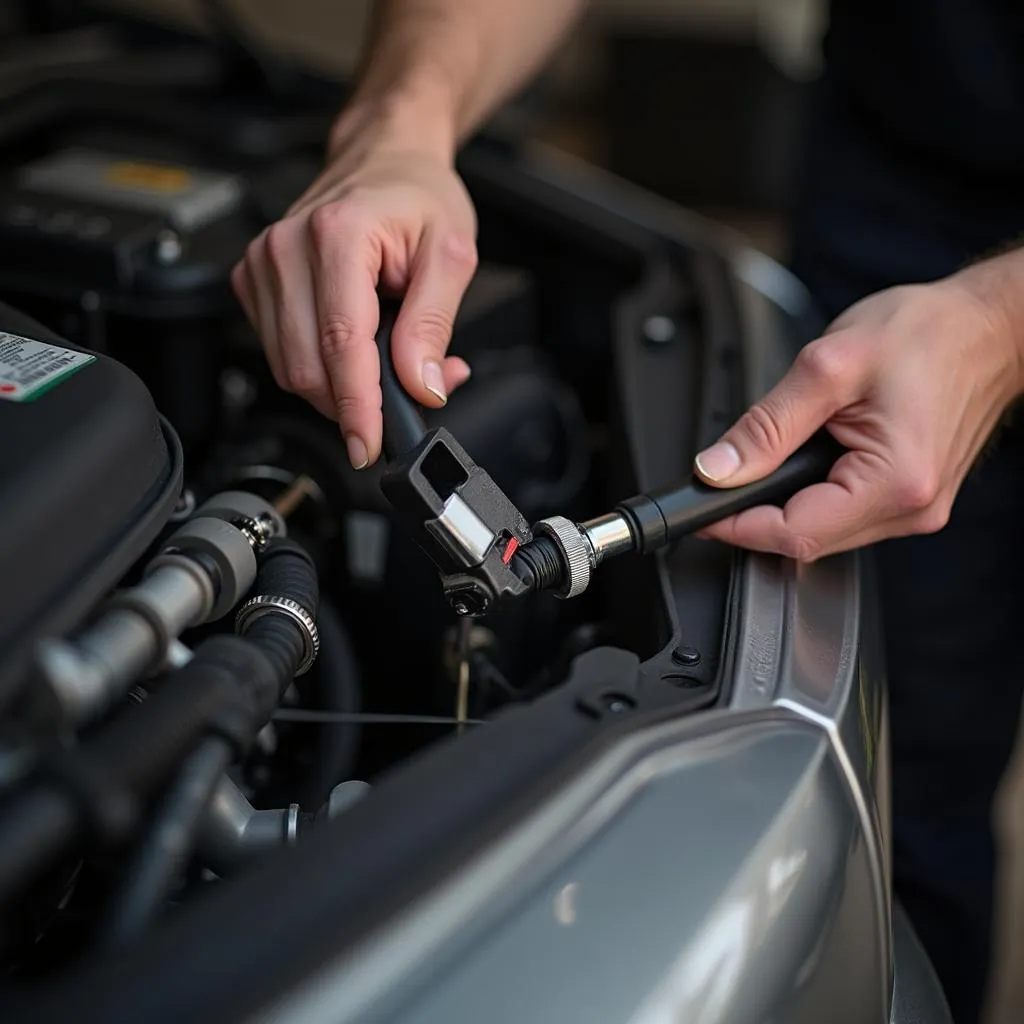 Mechanic installing A/C service port