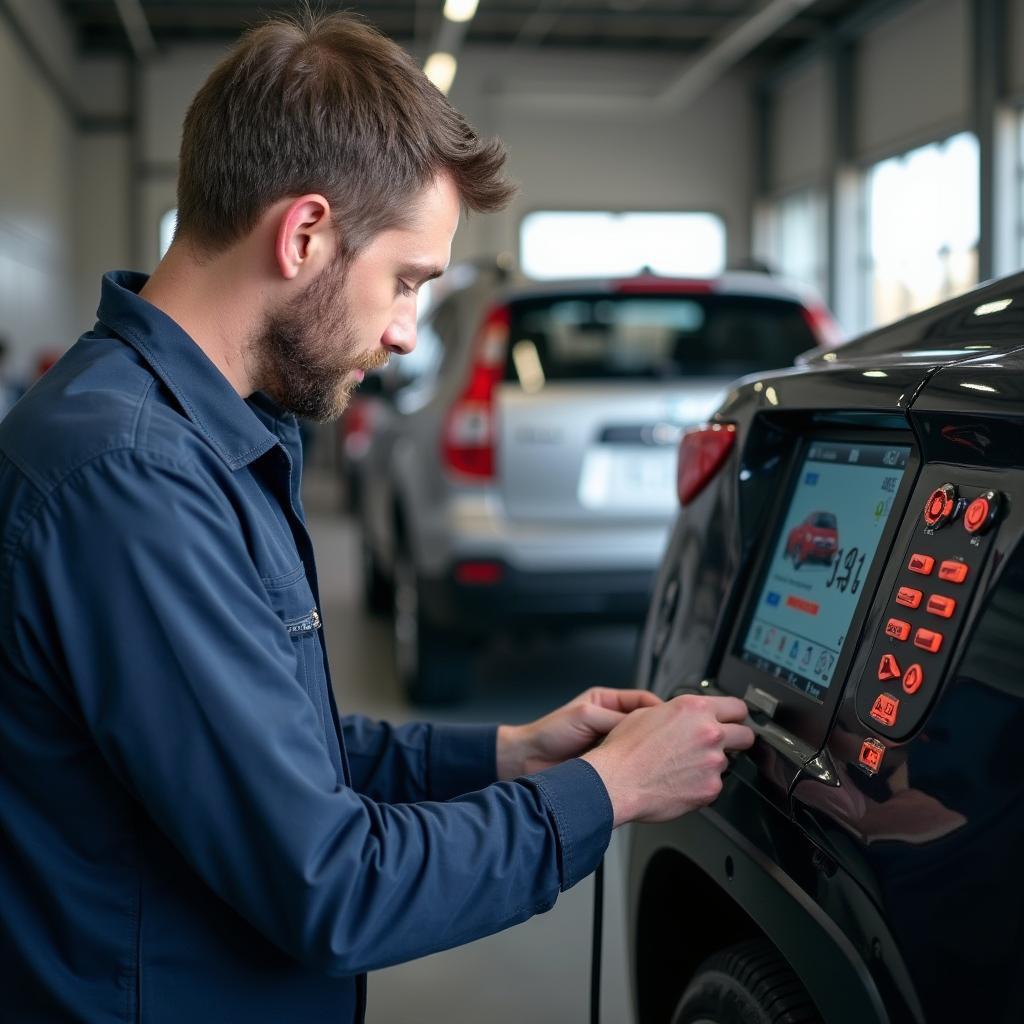 Skilled mechanic using advanced diagnostic equipment on a car