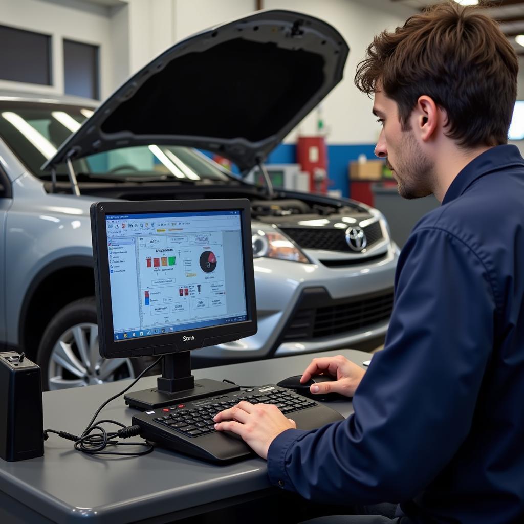 Mechanic performing car diagnostics at an auto service shop on Olympic Blvd