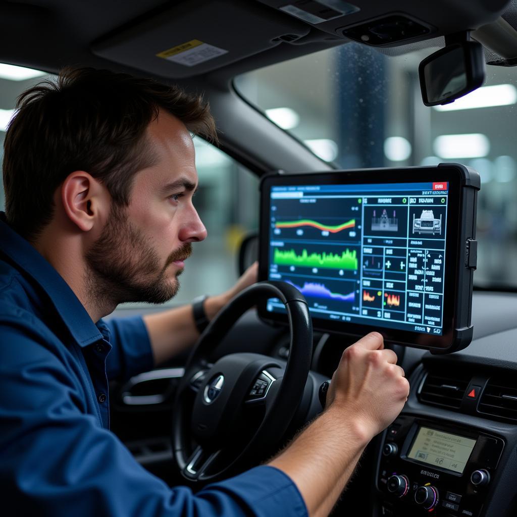 Mechanic Performing Car Diagnostics Using Computer