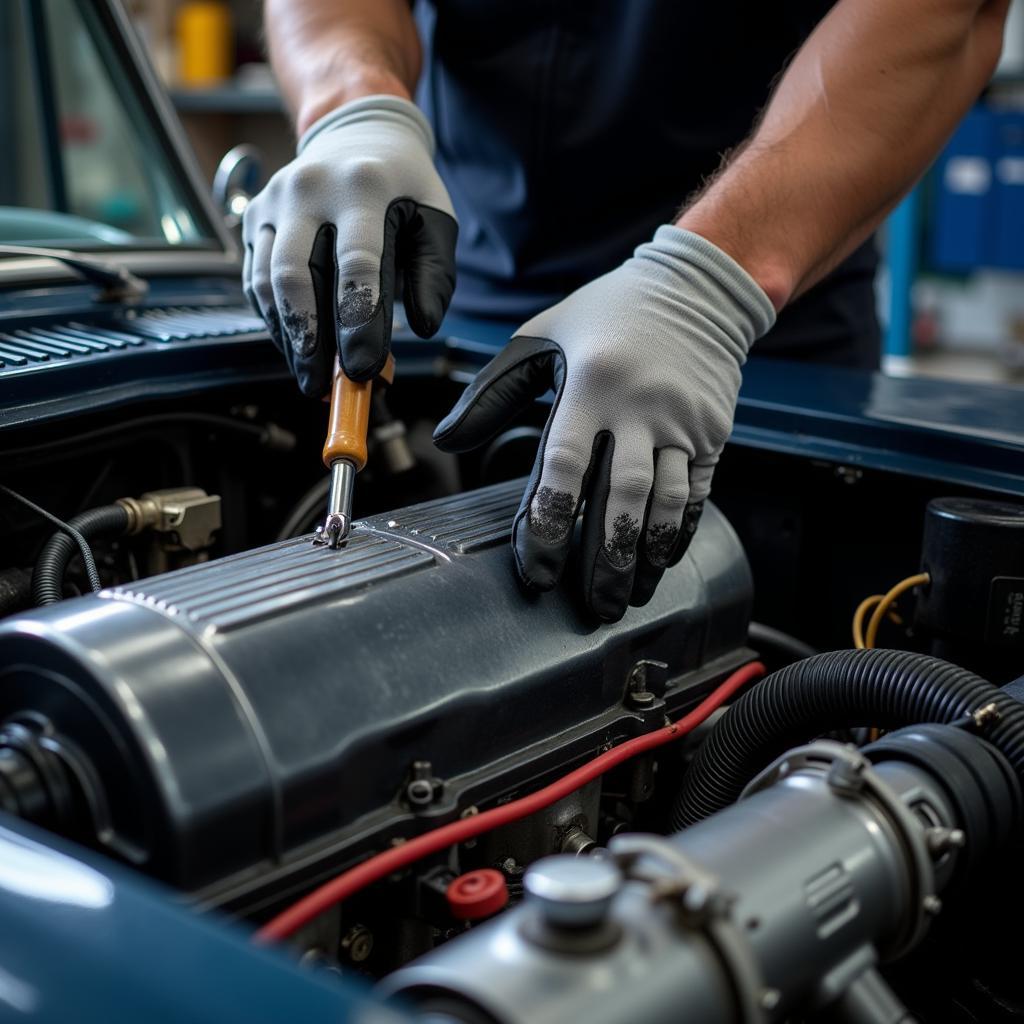 Mechanic Performing CSF Service on a Classic Car