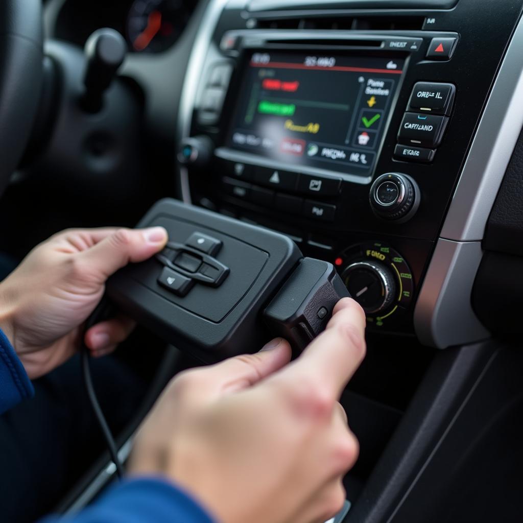 Mechanic connecting a diagnostic tool to a car's computer system during an auto tune-up service