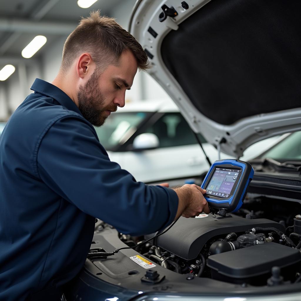 Mechanic using diagnostic equipment on a car engine