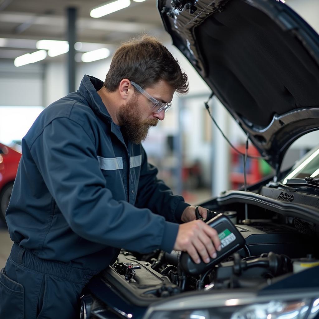 Car mechanic changing oil in Red Deer service center