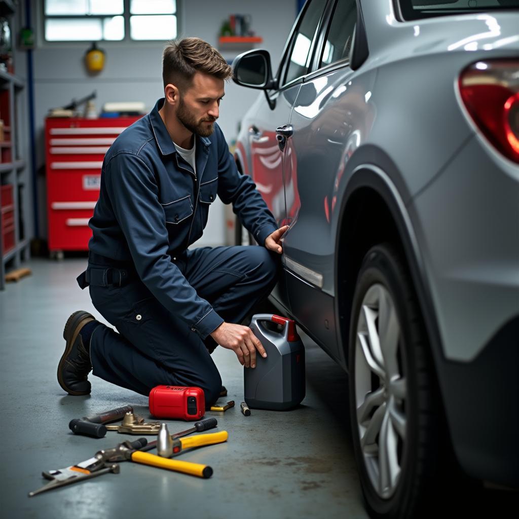 Mechanic Performing an Oil Change at an Auto Service Shop on Flat River Road