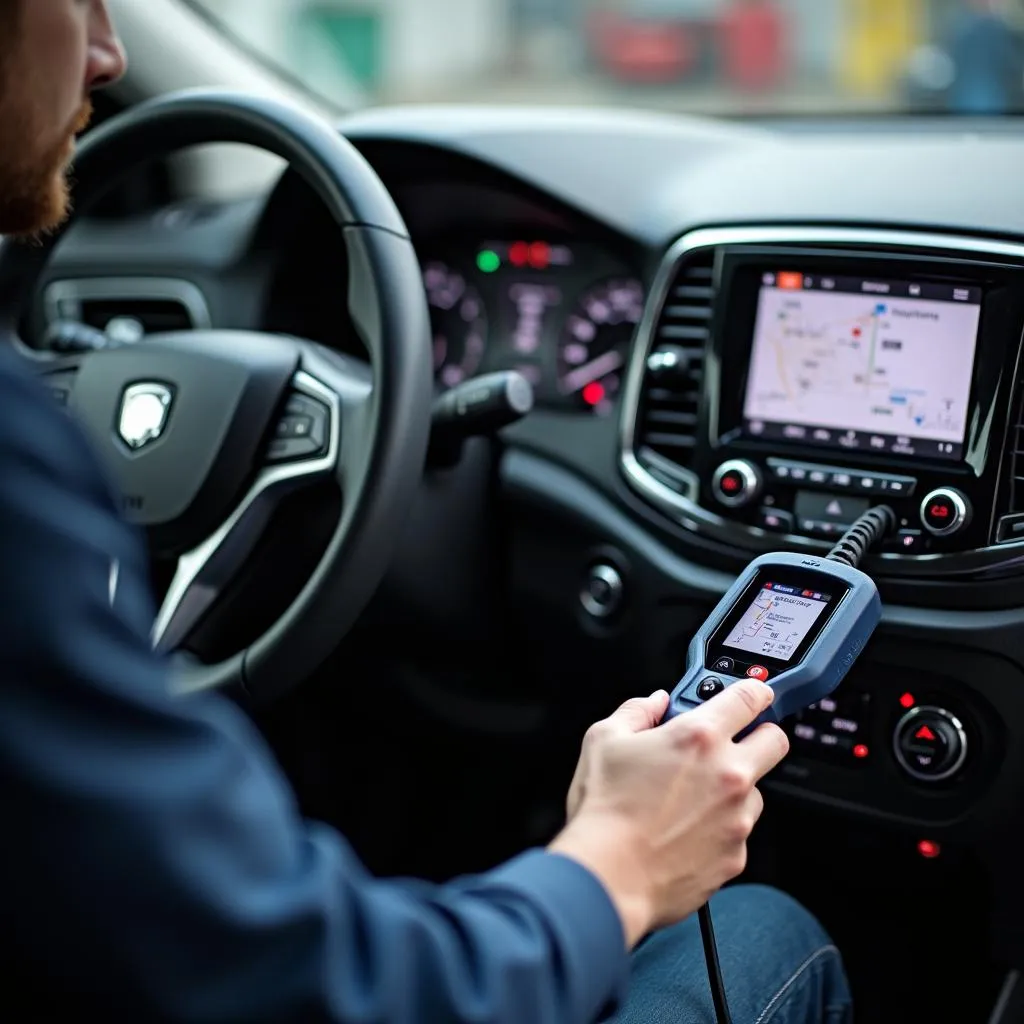 Mechanic using a diagnostic tool on a car's engine.