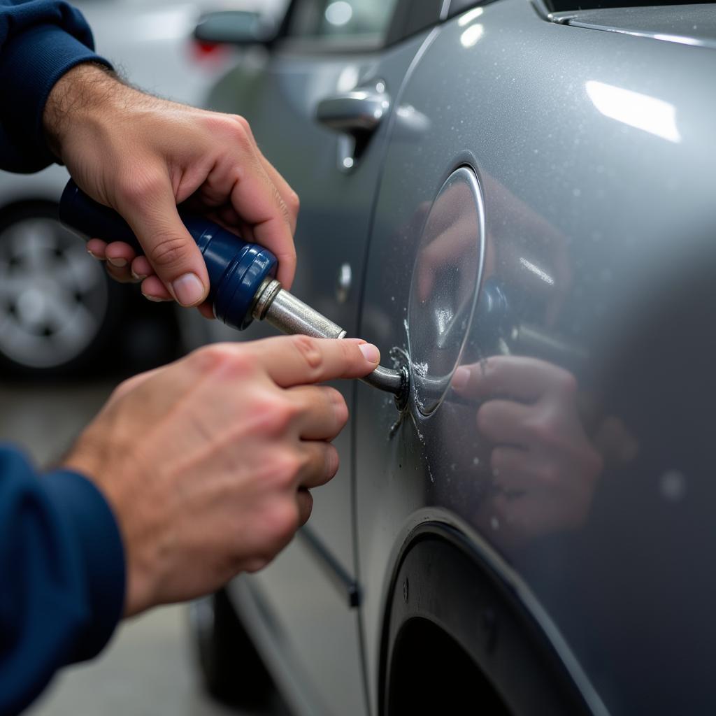 Mechanic performing paintless dent repair on a car door