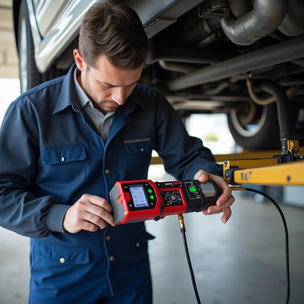 Mechanic performing a smog check on a vehicle