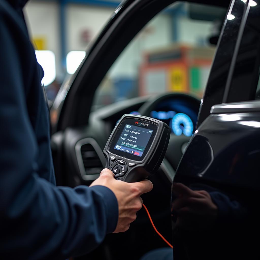 Mechanic performing a software update on a vehicle using a diagnostic tool