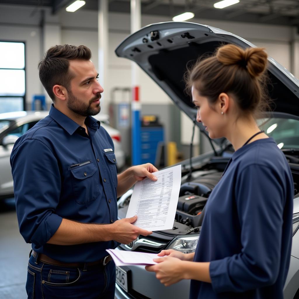 Mechanic discussing repair estimate with customer