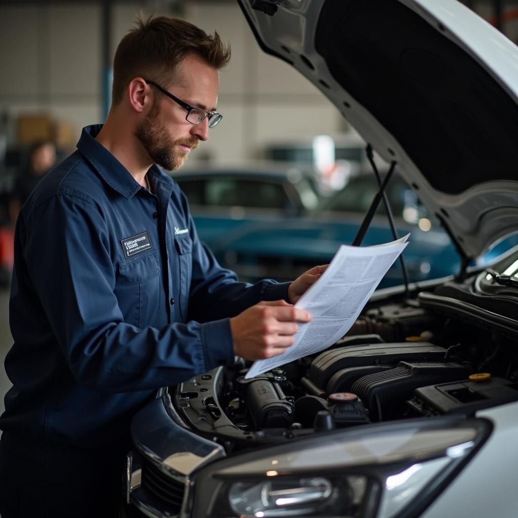 Mechanic consulting an auto service repair manual while working on a car engine.