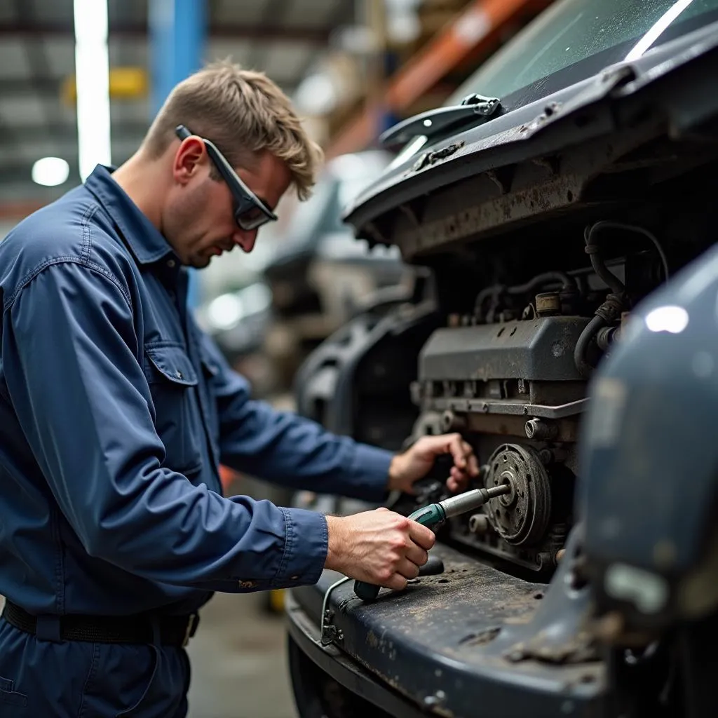 Mechanic removing a car part in a self-service yard