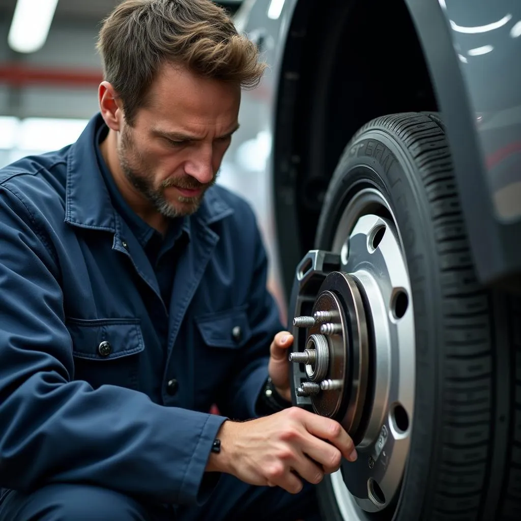 Mechanic Repairing Brakes in Garage