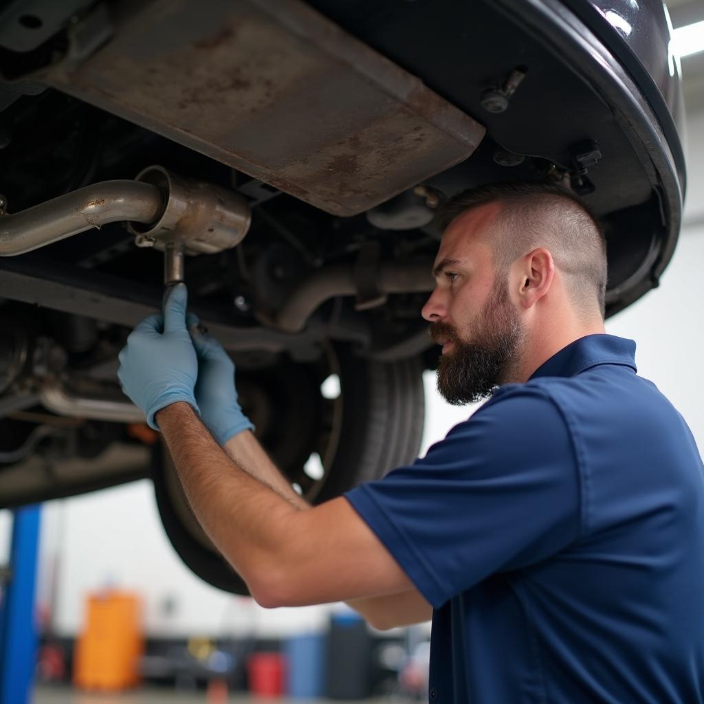 Mechanic working on replacing a car muffler