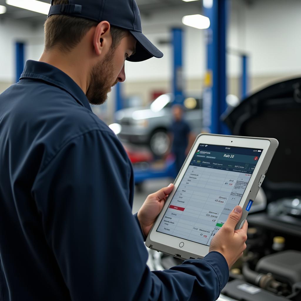 Mechanic Reviewing Appointment Schedule on Tablet