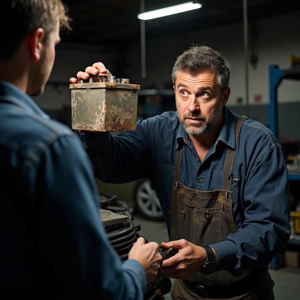 Mechanic Showing an Old Battery to a Customer