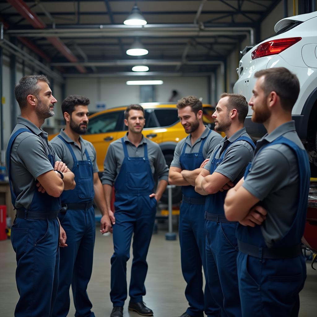 A team of mechanics discussing car repair around a car lift