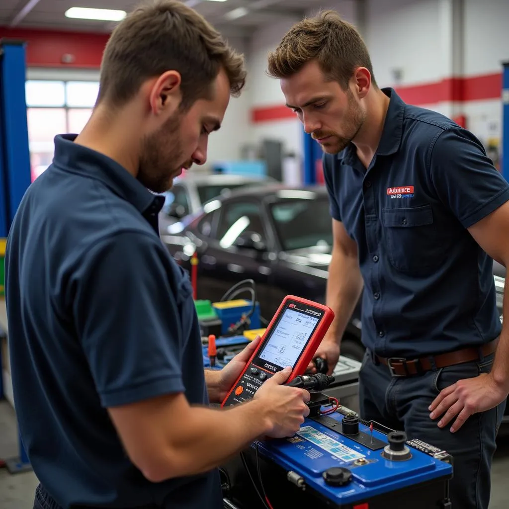 Mechanic Testing Car Battery in Advance Auto Parts