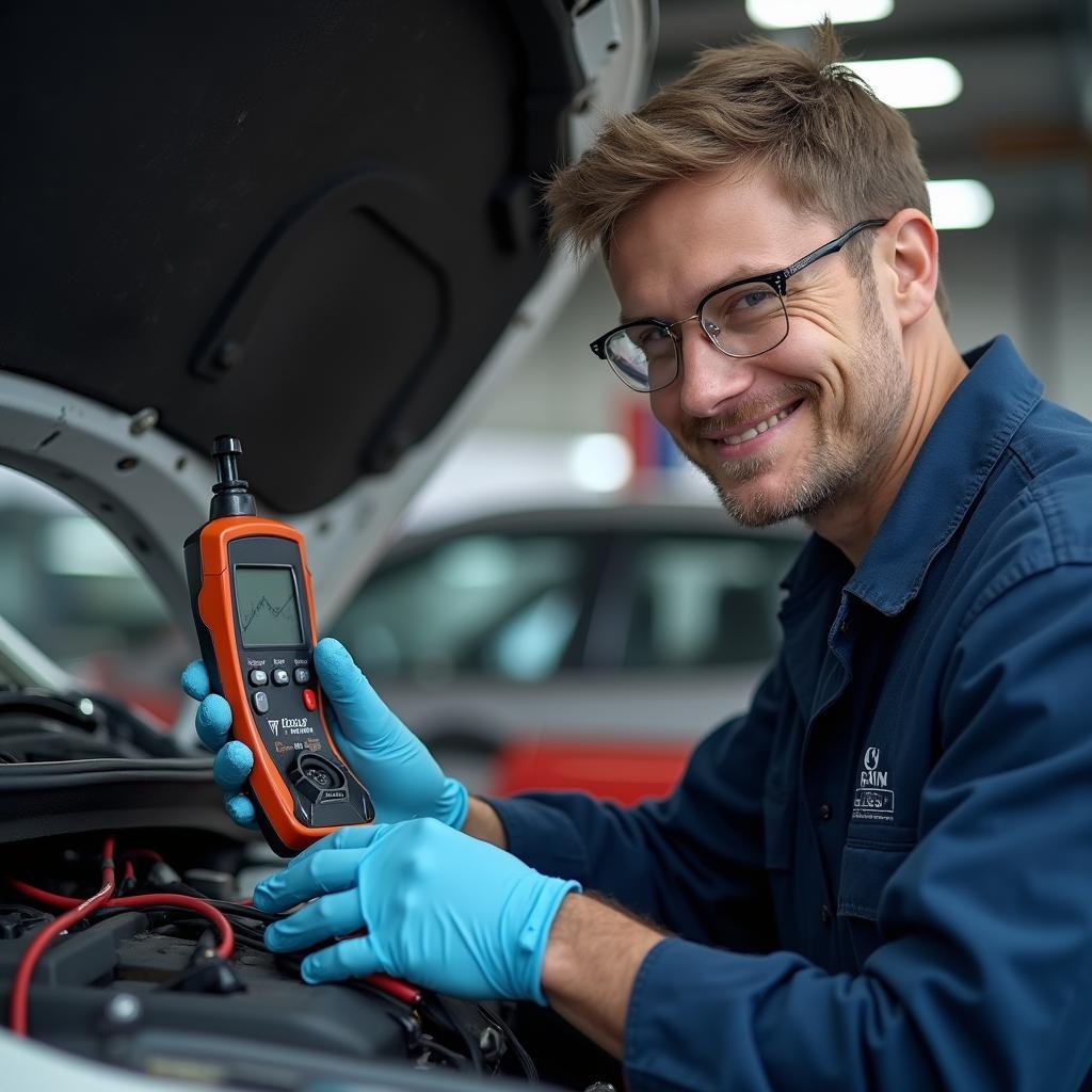 Mechanic Testing a Car Battery in a Service Center