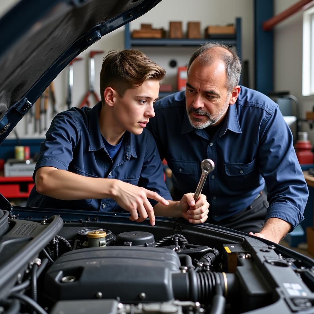 Mechanic training in a garage under the supervision of a senior technician