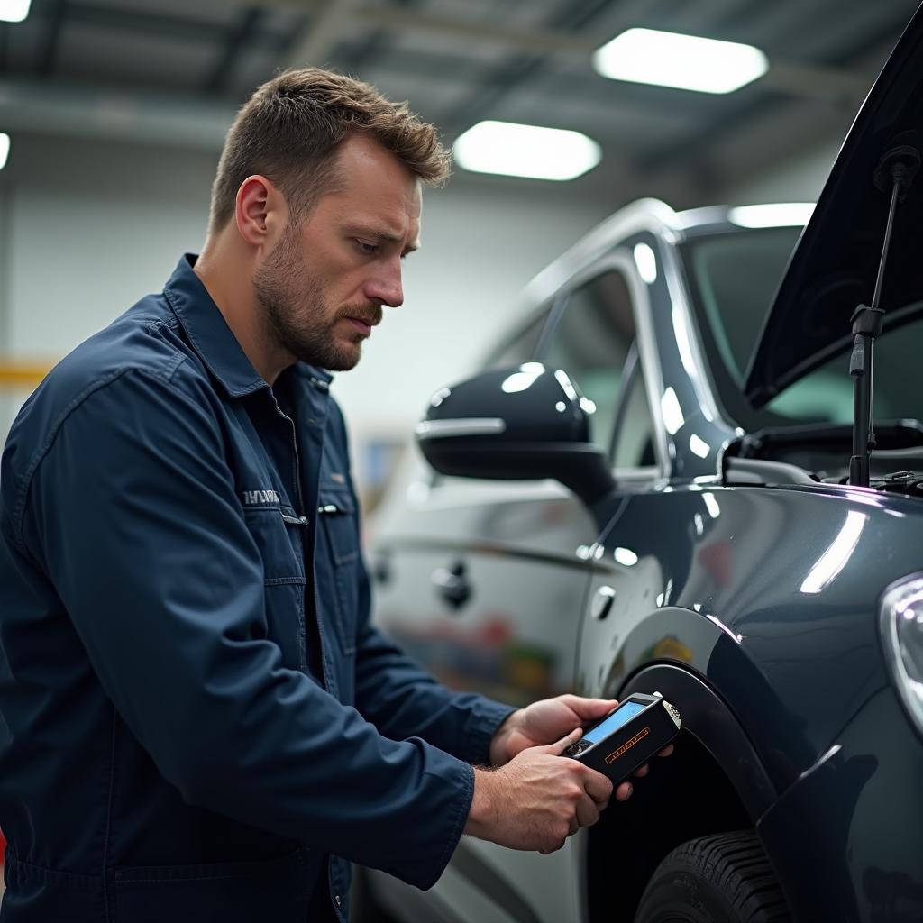 Mechanic using a diagnostic tool on a car