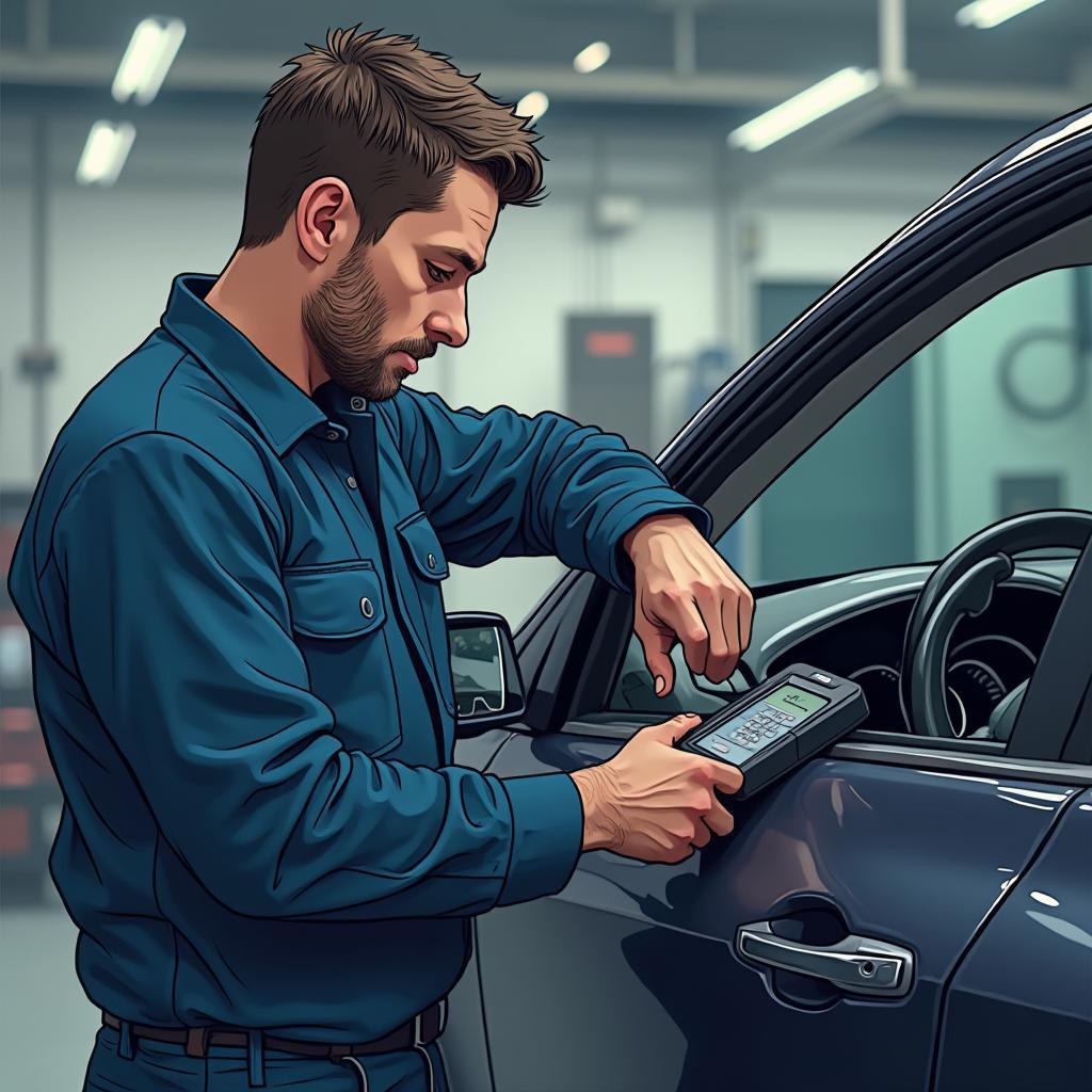  Mechanic Using Diagnostic Equipment on Car 