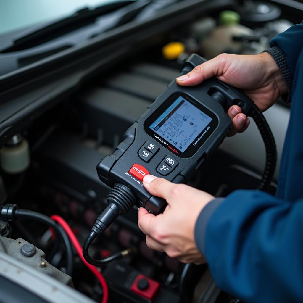 Mechanic Using Diagnostic Tool on Vehicle