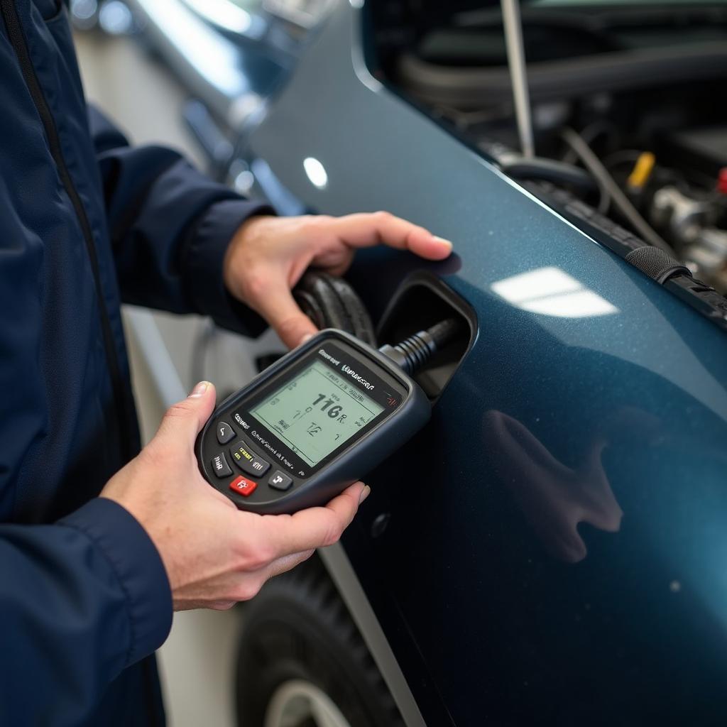 Mechanic using a diagnostic tool on a car