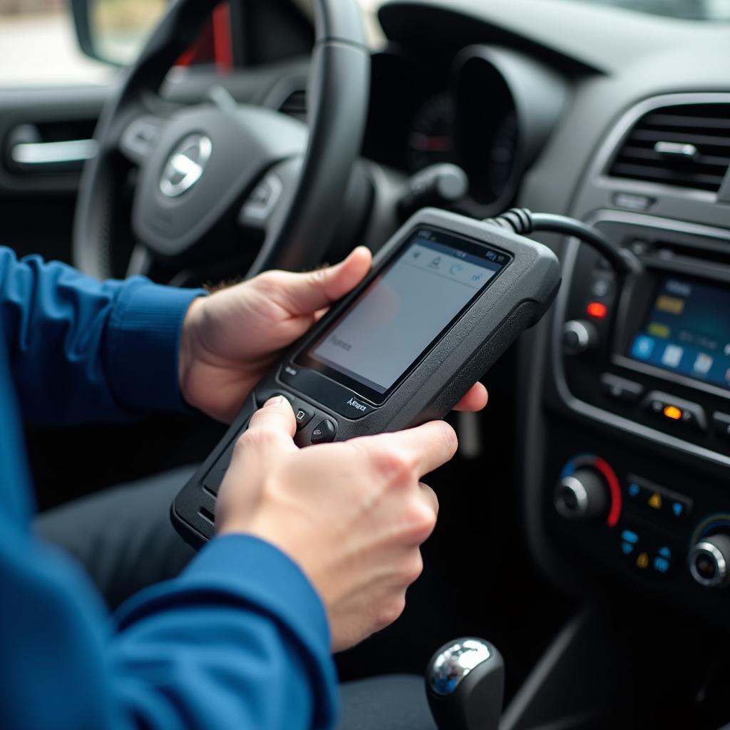 Mechanic Using Diagnostic Tool on a Car