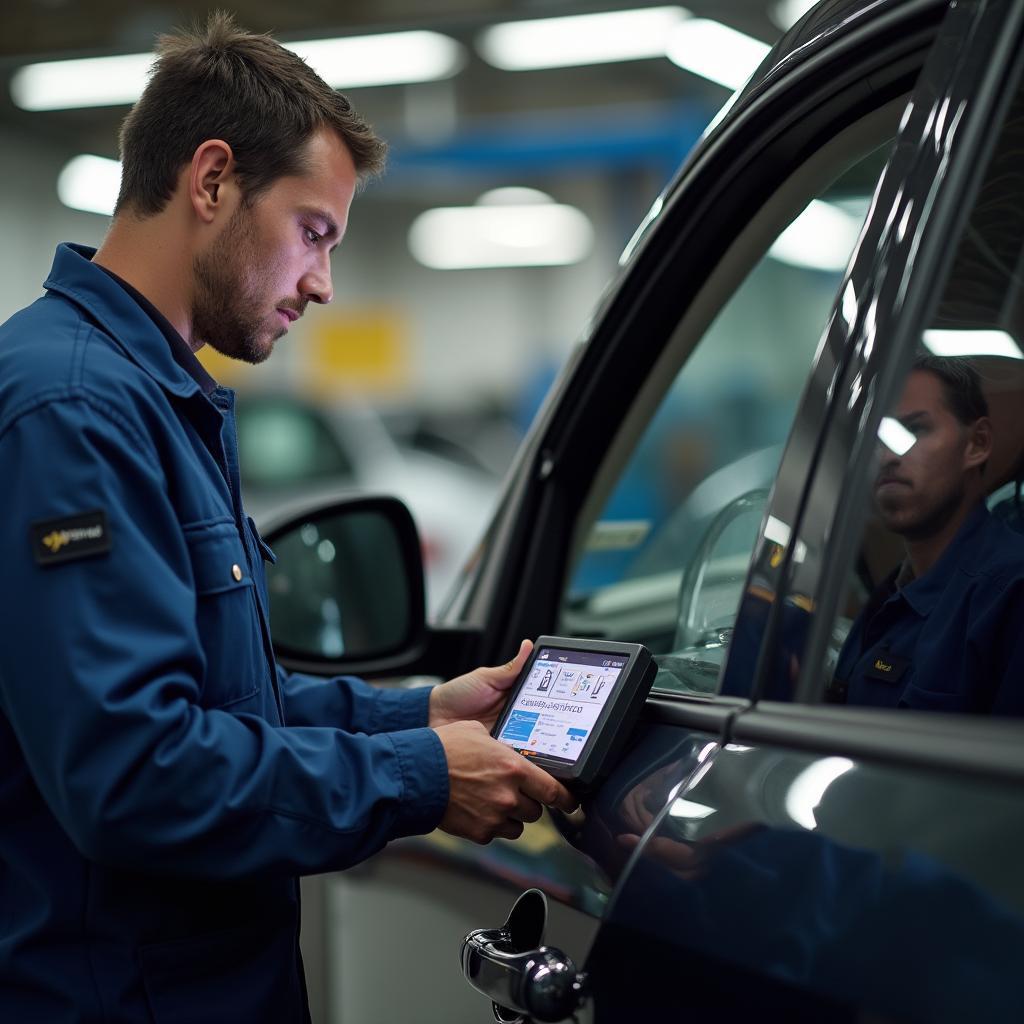 Skilled mechanic using a diagnostic tool on a vehicle in Corona