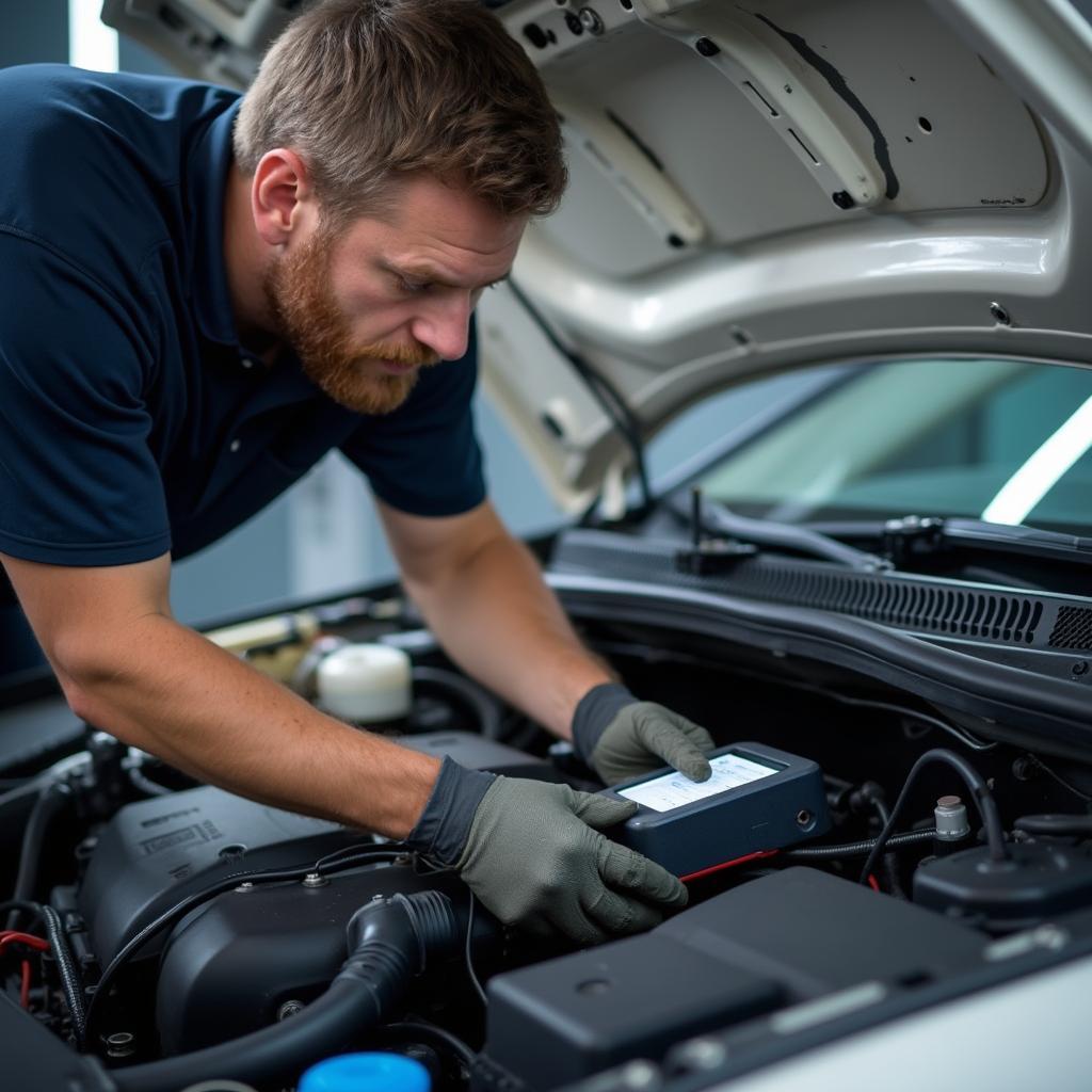 Mechanic plugging in a diagnostic tool to a car's OBD-II port