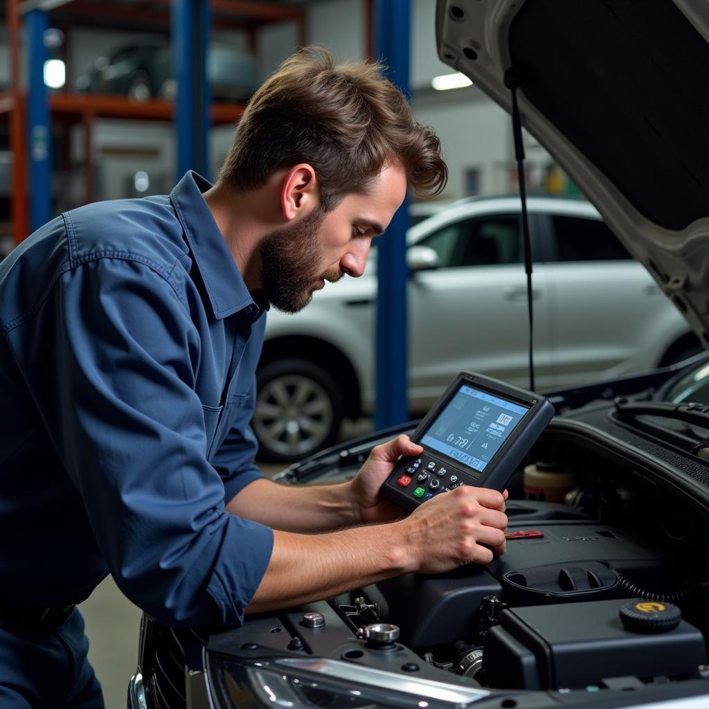 Mechanic using a diagnostic tool on a car