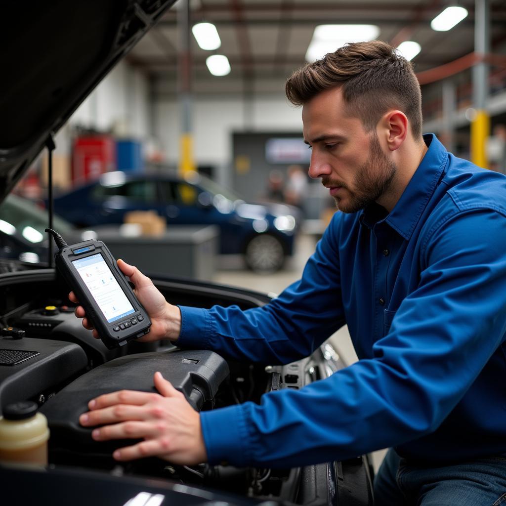 Mechanic using a diagnostic tool in 76574