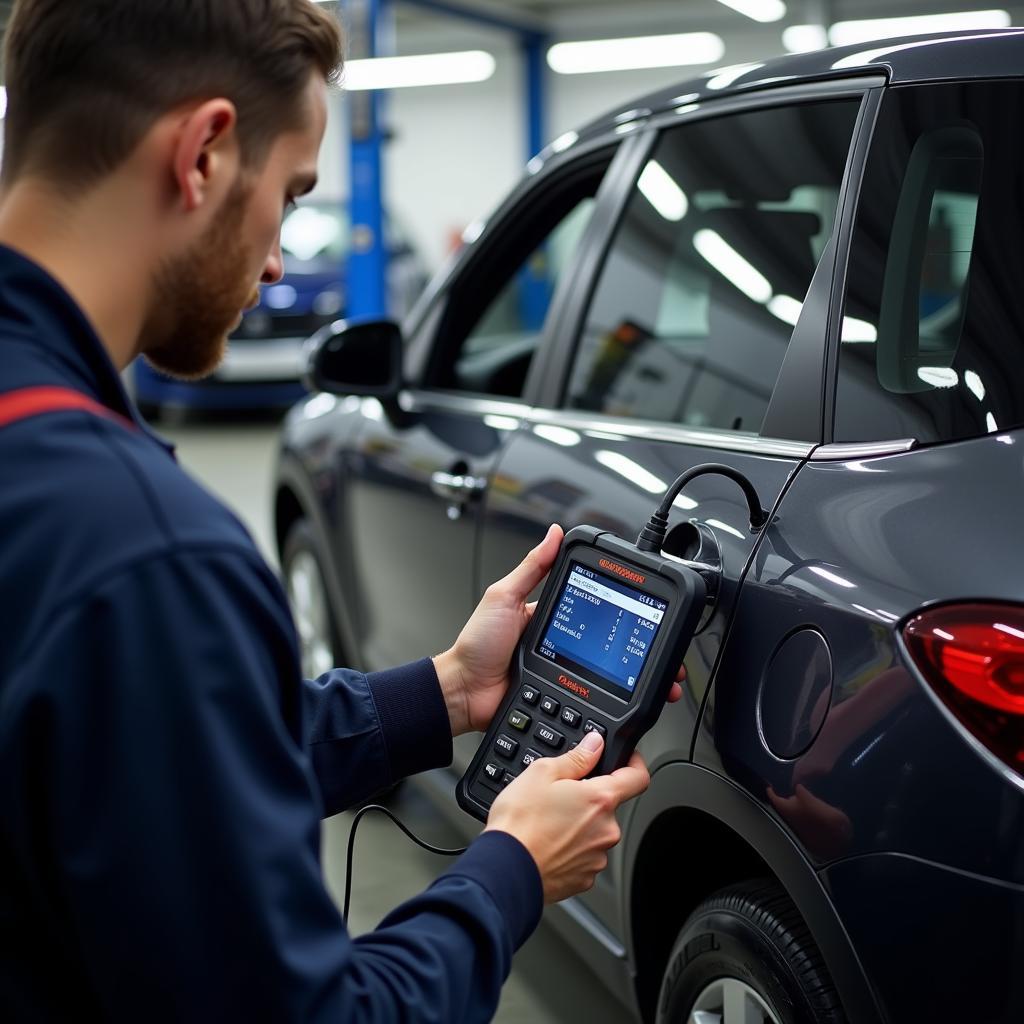 Mechanic Using Diagnostic Tool at a Dealership