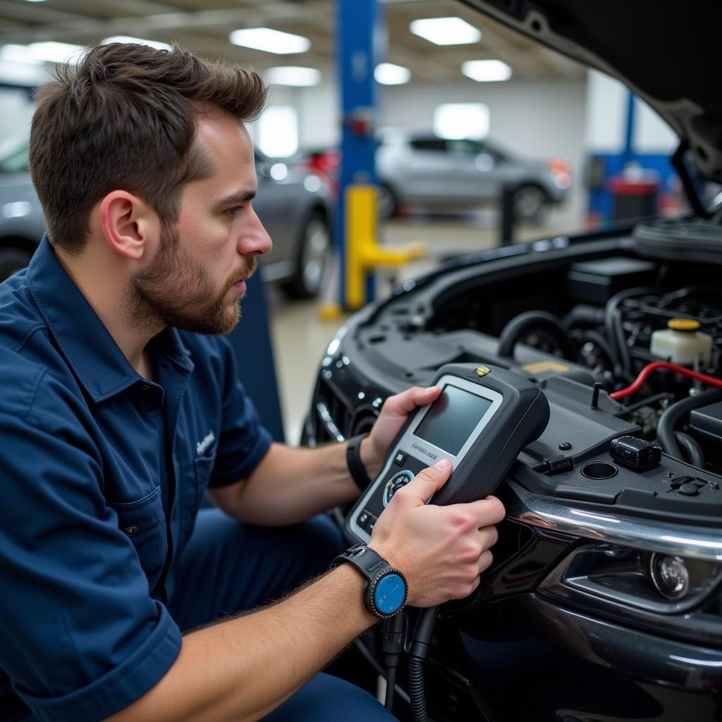 Mechanic using a diagnostic tool in a King of Prussia auto shop