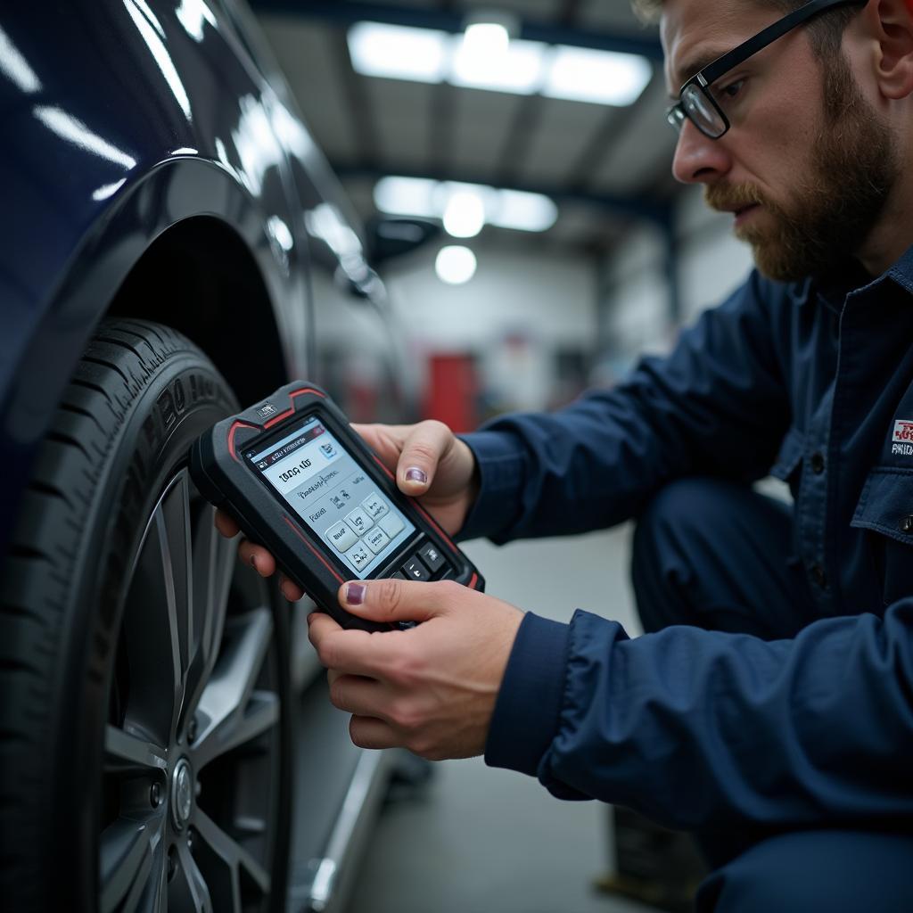 Skilled mechanic using a diagnostic tool on a car