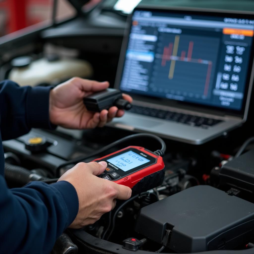 Mechanic Using Diagnostic Tool on Car