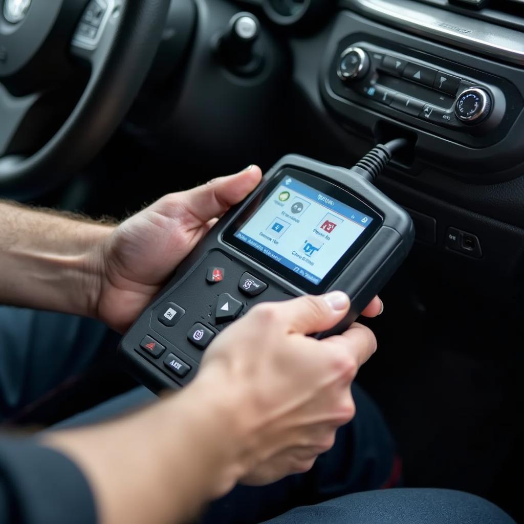 Mechanic using diagnostic tool on car