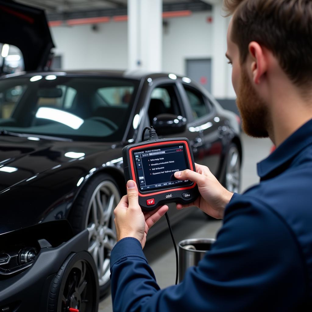 Mechanic using a diagnostic tool on a car in a modern garage.