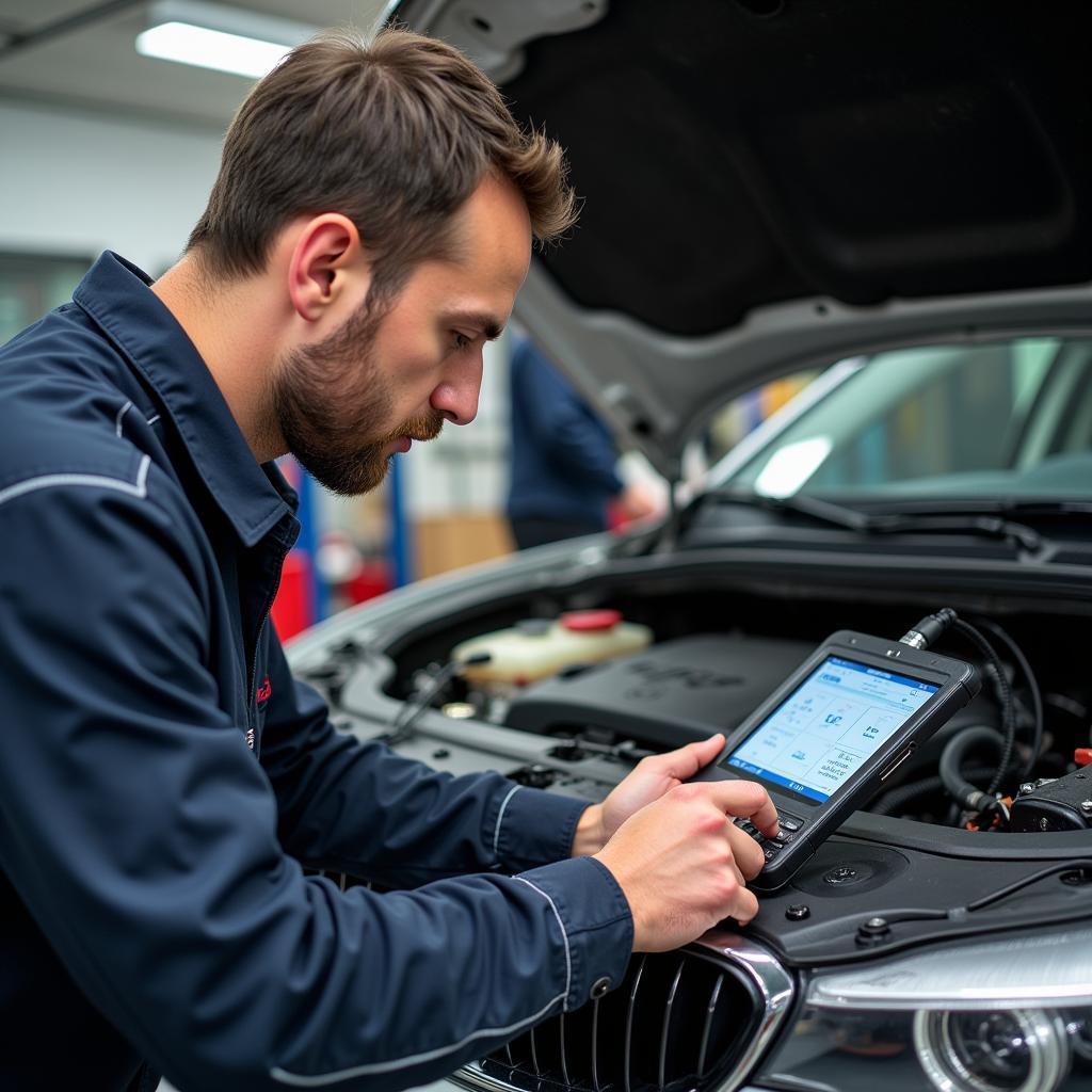 Mechanic Using Diagnostic Tool on Car