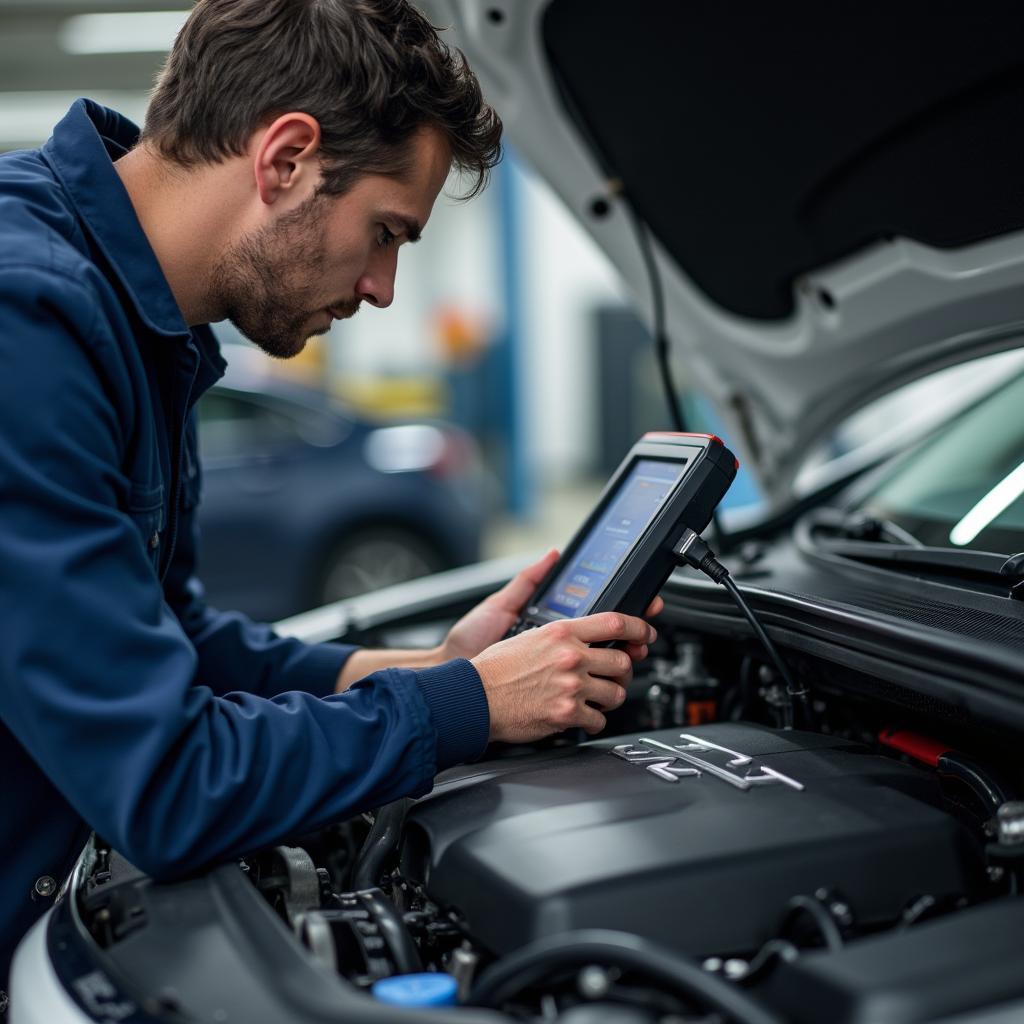 Mechanic using Diagnostic Tool on Foreign Car