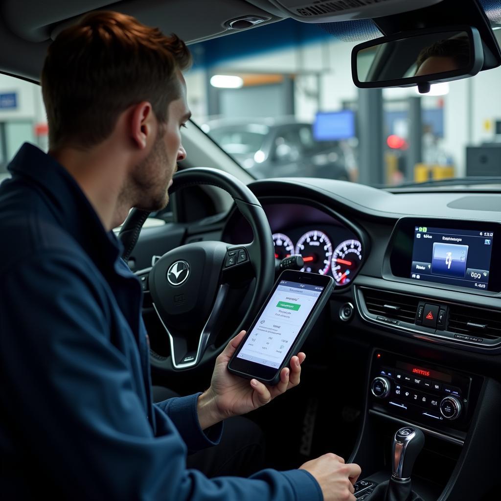 Mechanic Using a Diagnostic Tool on a Modern Car