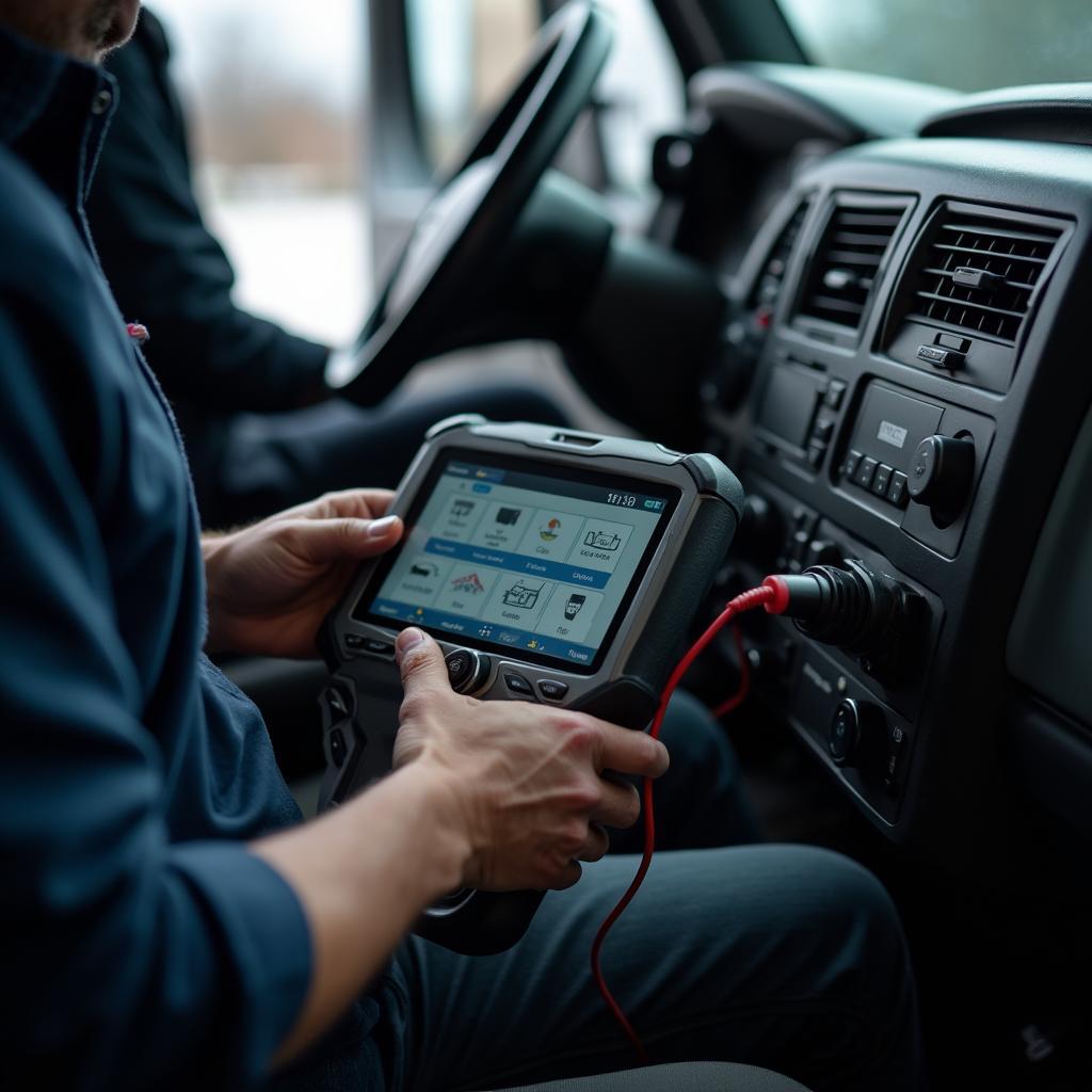 Mechanic Using Diagnostic Tool on Truck