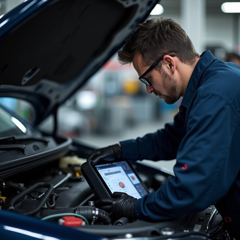 Mechanic using diagnostic tools on a vehicle