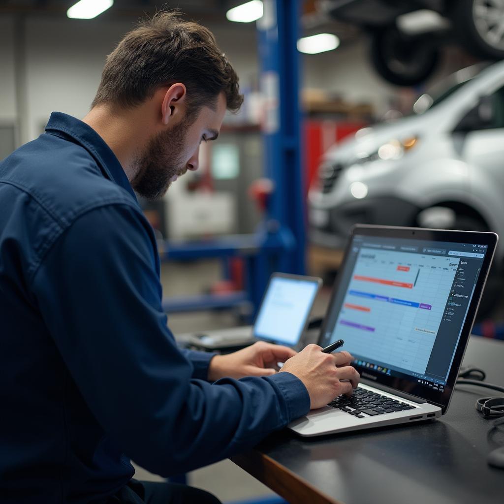 Mechanic reviewing appointments on a digital calendar