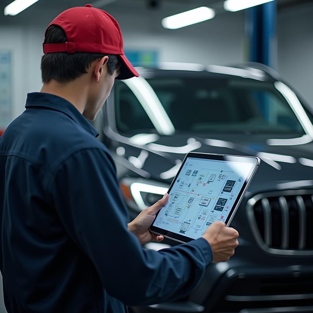  Mechanic in an Asia auto service centre using a digital tablet for vehicle diagnostics 